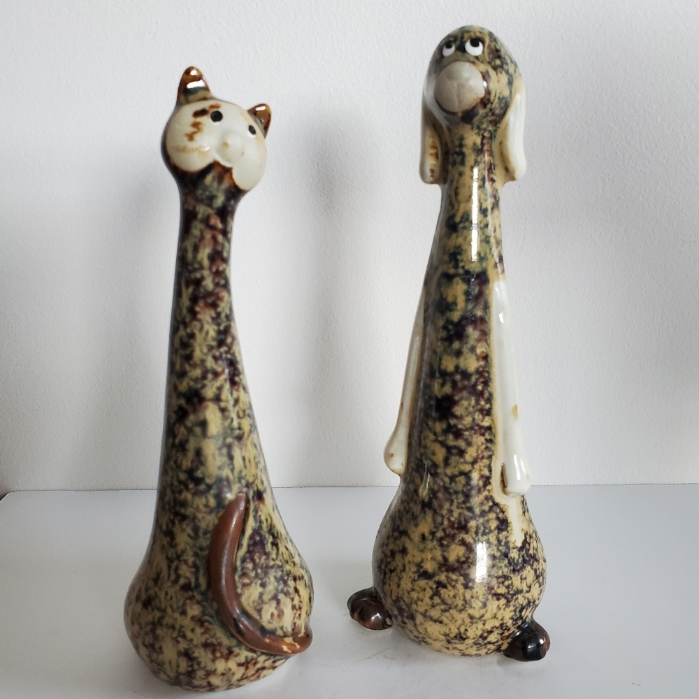 Vintage Ceramic long neck Cat and dog Figurines splatter glaze funny faces